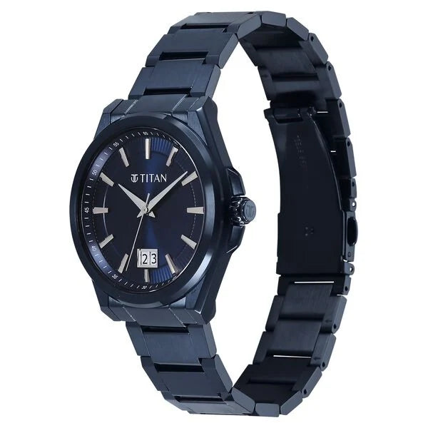 Titan Clsq Big Date Blue Round Dial Stainless Steel Strap Watch For Men