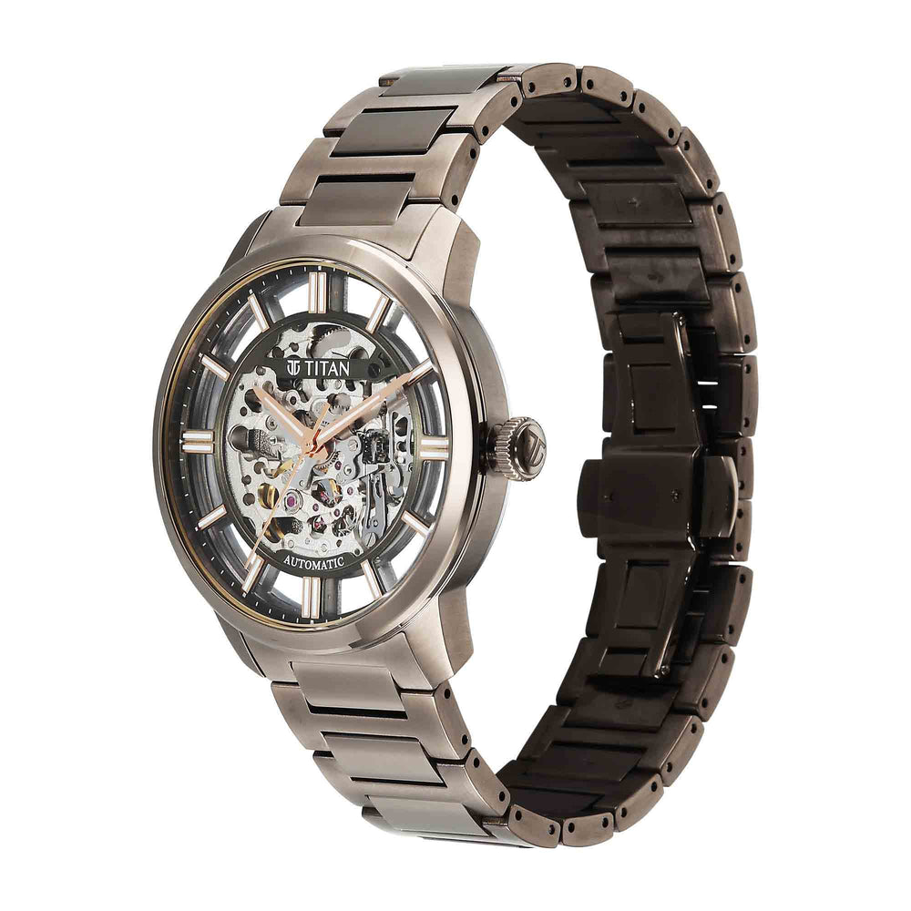 Titan Black Dial Brown Stainless Steel Strap Skeletal Automatic Watch for Men
