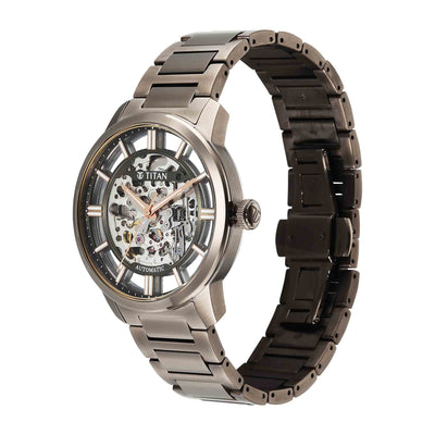Titan Black Dial Brown Stainless Steel Strap Skeletal Automatic Watch for Men