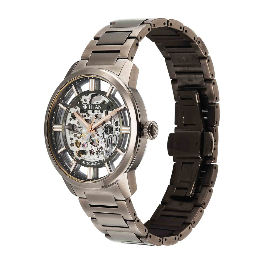 Titan Black Dial Brown Stainless Steel Strap Skeletal Automatic Watch for Men