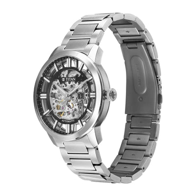 Titan Black Dial Silver Stainless Steel Strap Skeletal Automatic Watch for Men