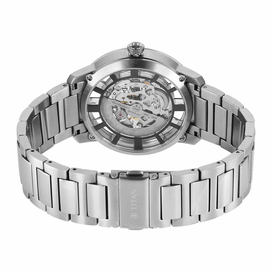 Titan Black Dial Silver Stainless Steel Strap Skeletal Automatic Watch for Men