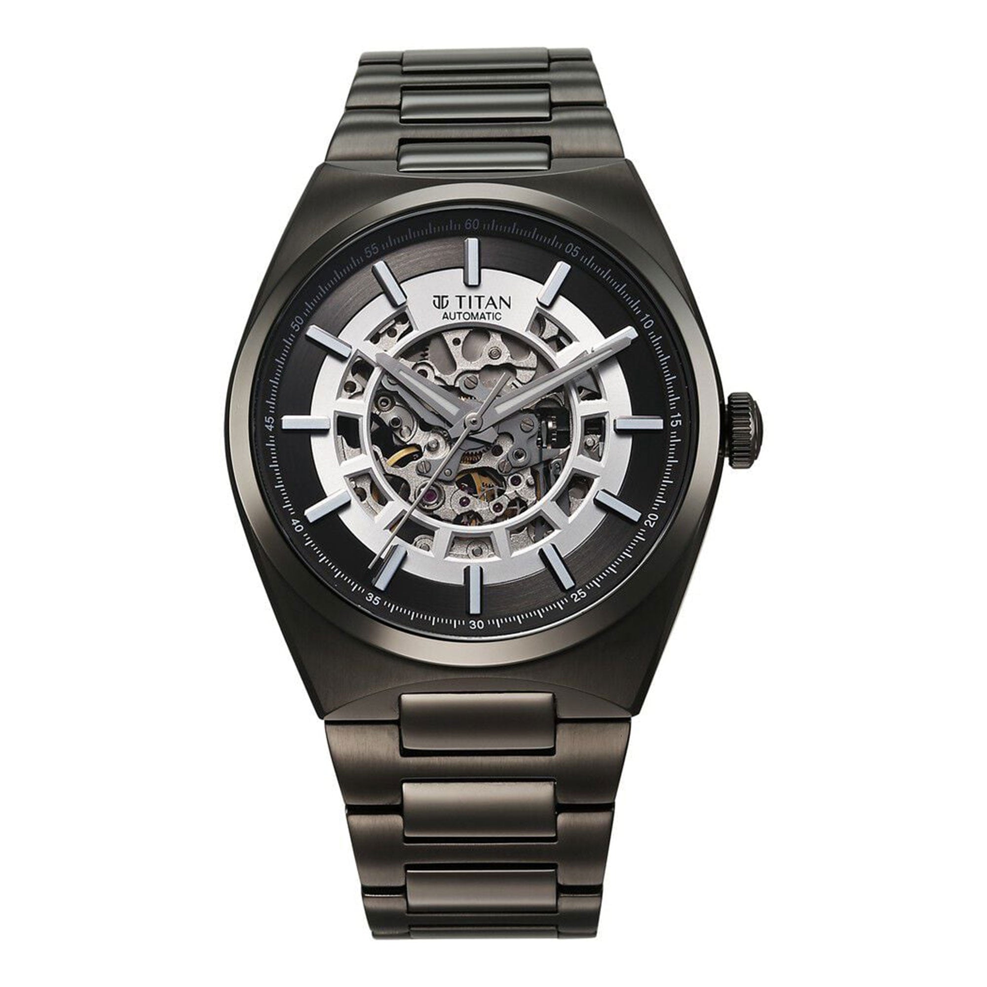 Front-facing Titan Nexus automatic analog watch for men showcasing skeletal gun dial & steel strap.