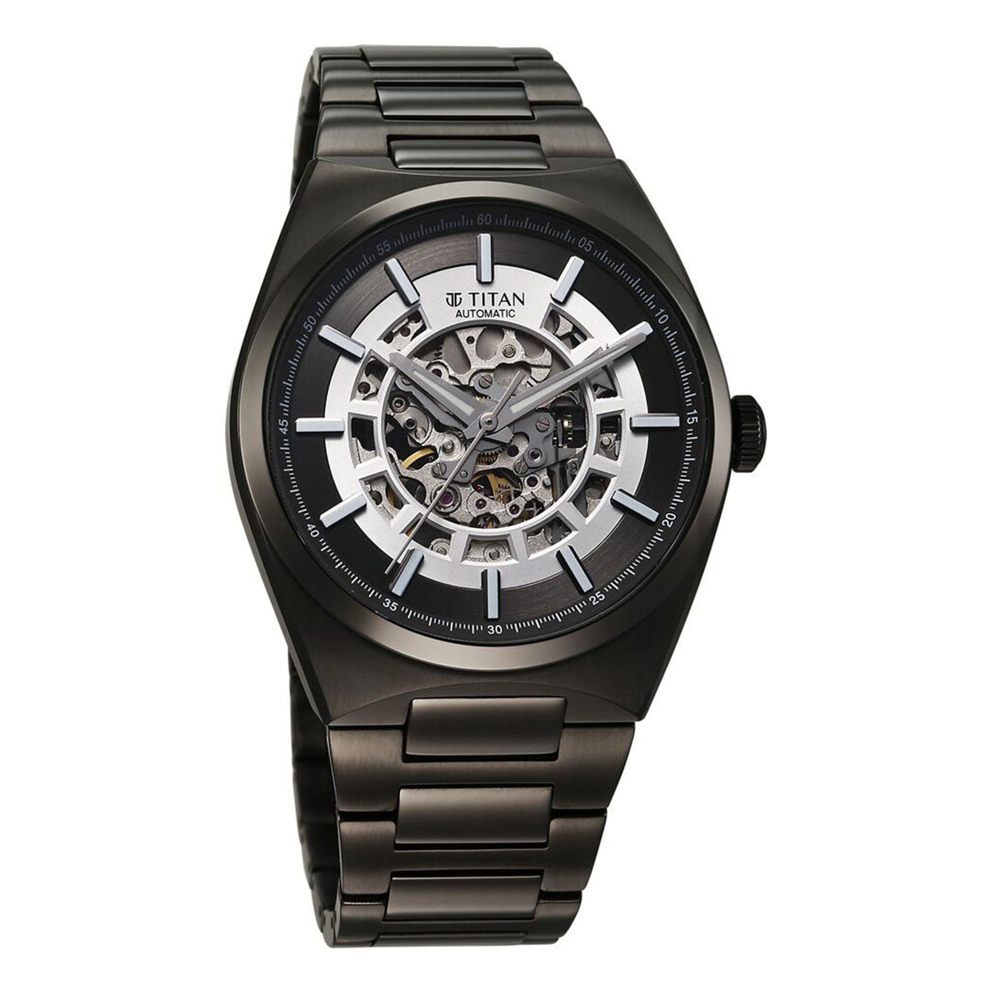Detailed look of Titan Nexus skeletal automatic analog watch for men with stainless steel strap.