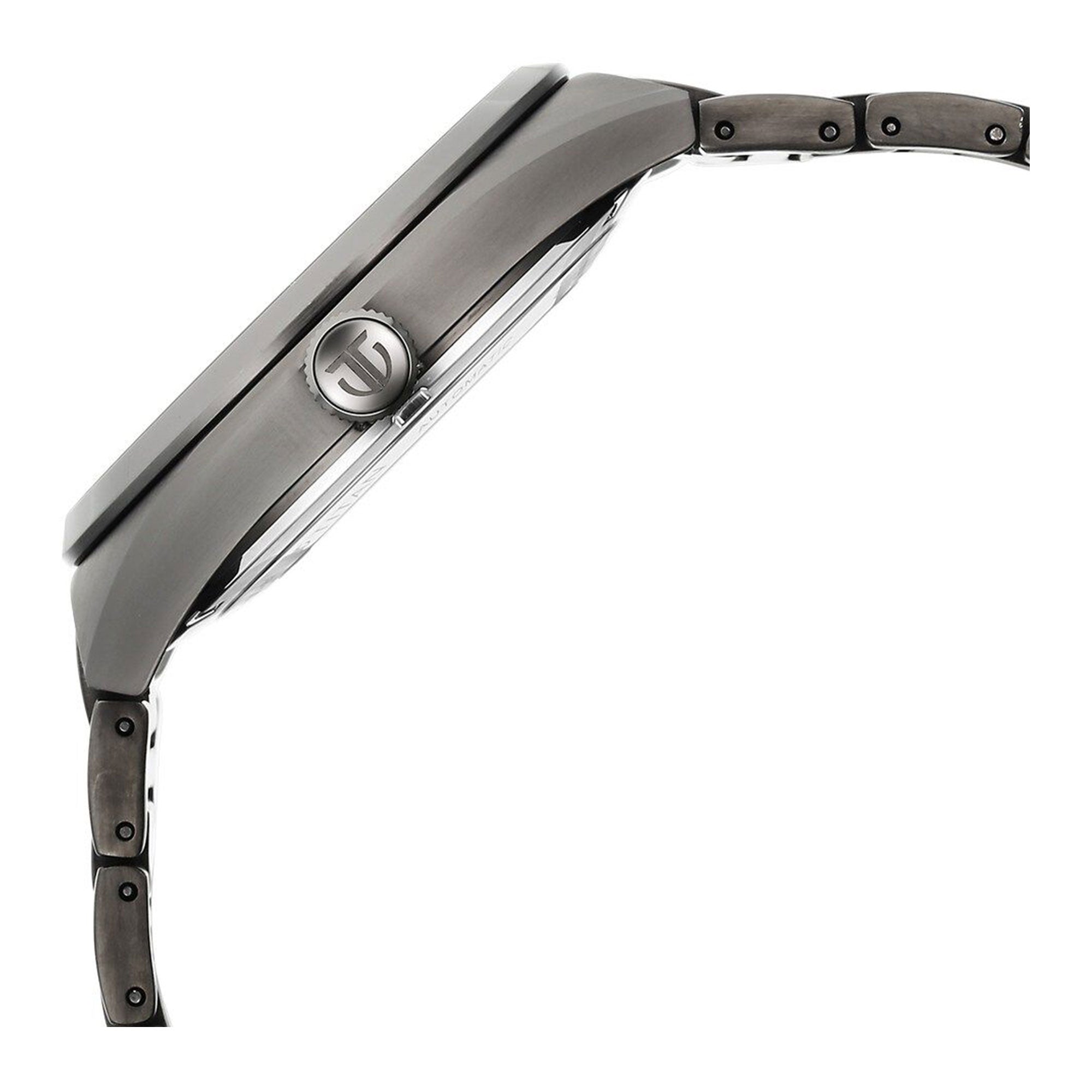 Side profile showing slim black metal watch case with Titan logo crown and curved bracelet links.