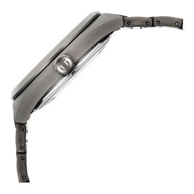 Side profile showing slim black metal watch case with Titan logo crown and curved bracelet links.