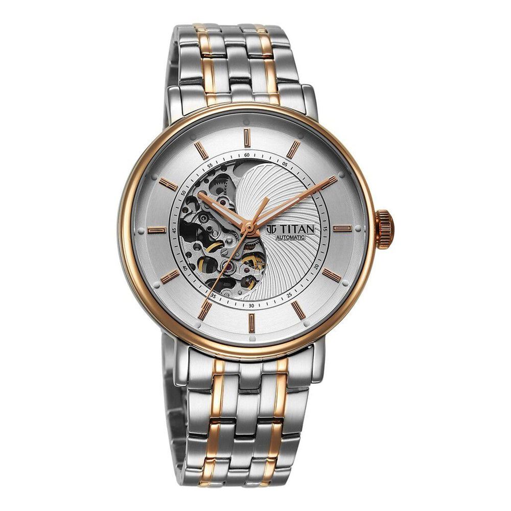 Titan Yin Yang Skeletal Automatic Analog with White Dial Silver and Rose Gold Stainless Steel Strap Watch for Men