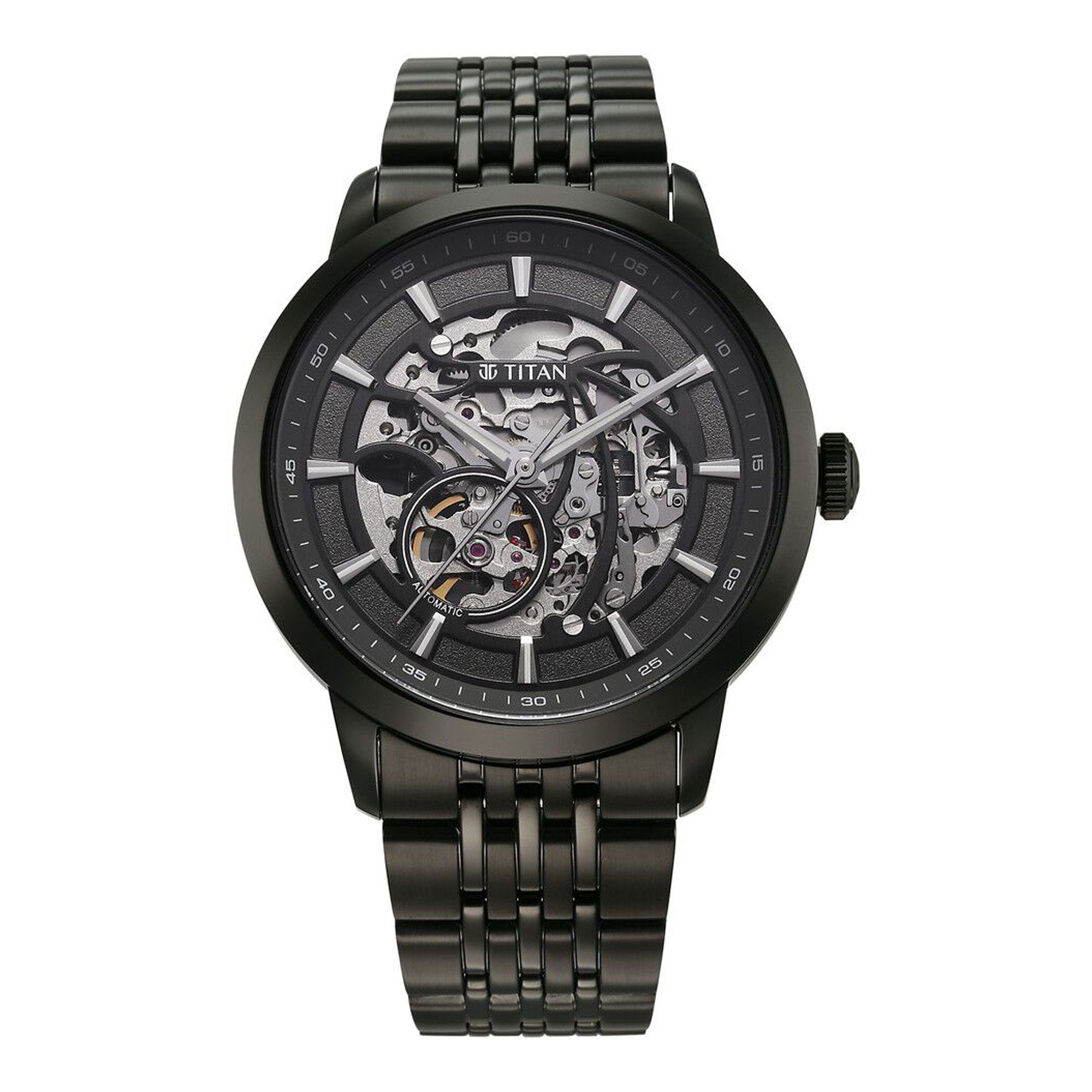 Titan Phoenix skeletal automatic analog watch featuring a gunmetal dial and a black steel strap.