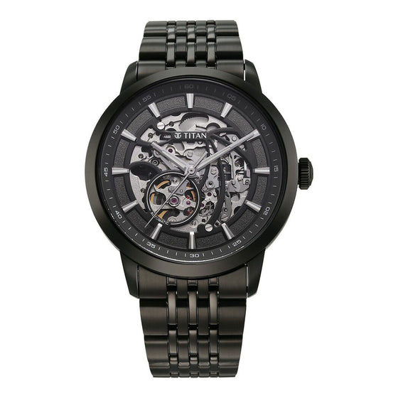 Titan Phoenix Skeletal Automatic Analog with Gun Dial Black Stainless Steel Strap Watch for Men