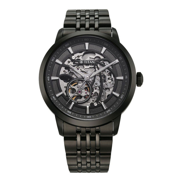 Titan Phoenix Skeletal Automatic Analog with Gun Dial Black Stainless Steel Strap Watch for Men