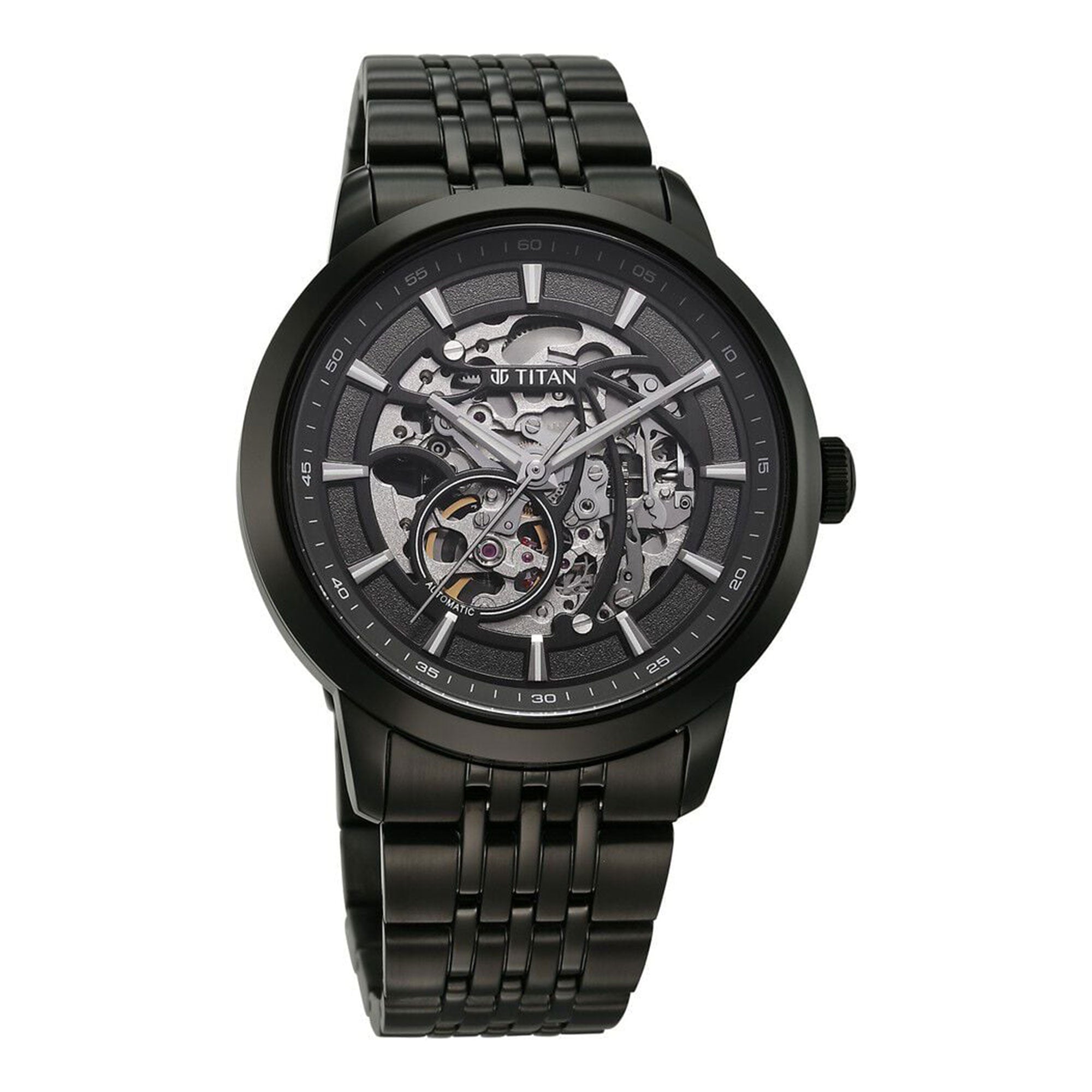 Bold Titan Phoenix automatic men’s watch shows a skeletal gundial with black stainless steel strap.