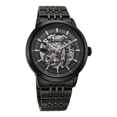Titan Phoenix Skeletal Automatic Analog with Gun Dial Black Stainless Steel Strap Watch for Men