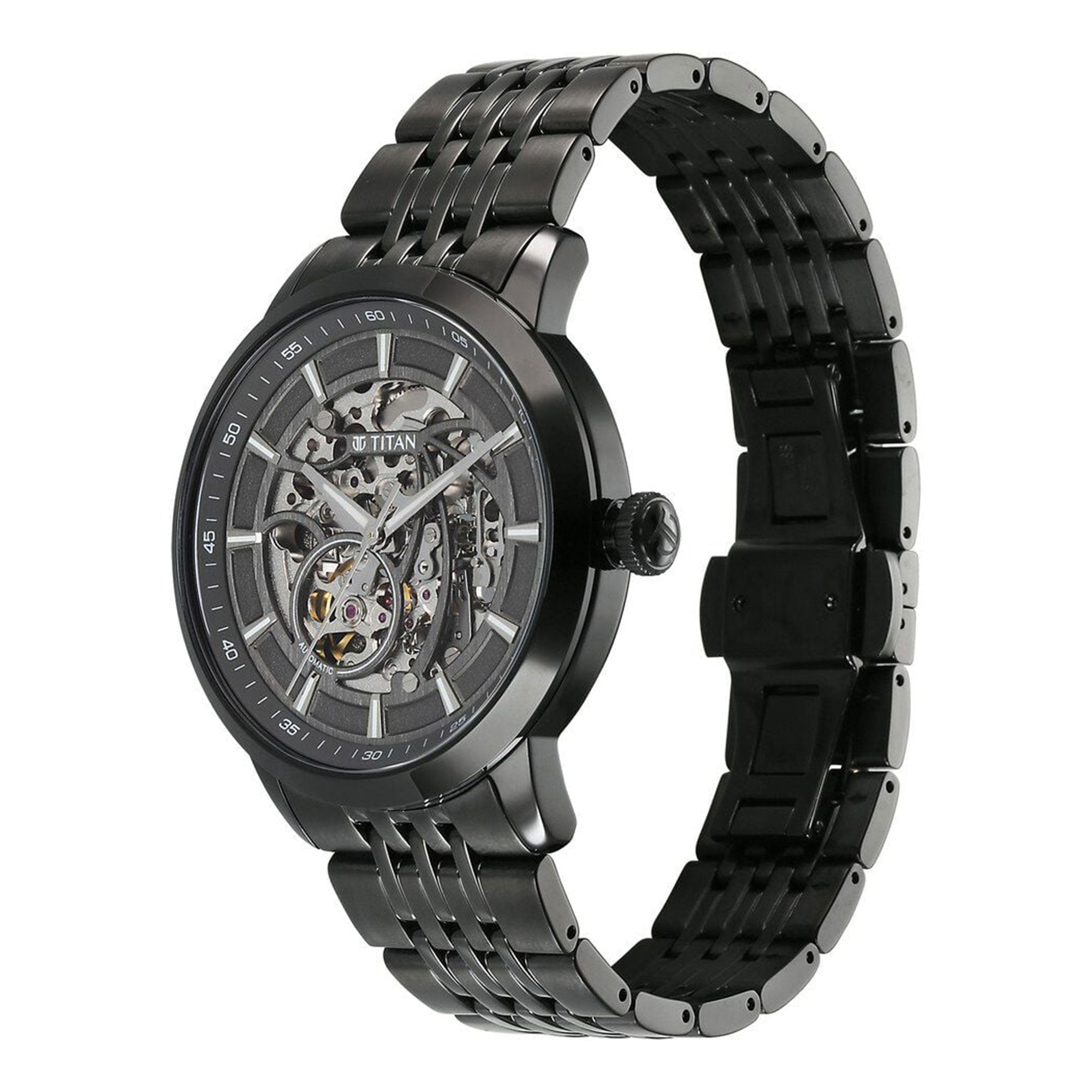 Angled view of Titan Phoenix skeletal automatic watch with gun dial and black stainless steel strap.