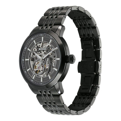 Titan Phoenix Skeletal Automatic Analog with Gun Dial Black Stainless Steel Strap Watch for Men