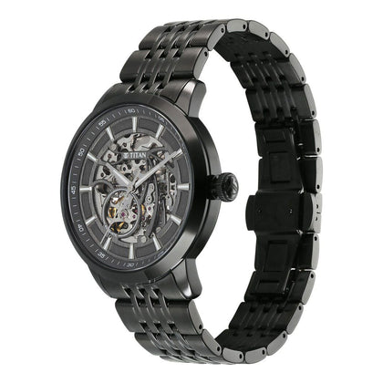 Titan Phoenix Skeletal Automatic Analog with Gun Dial Black Stainless Steel Strap Watch for Men