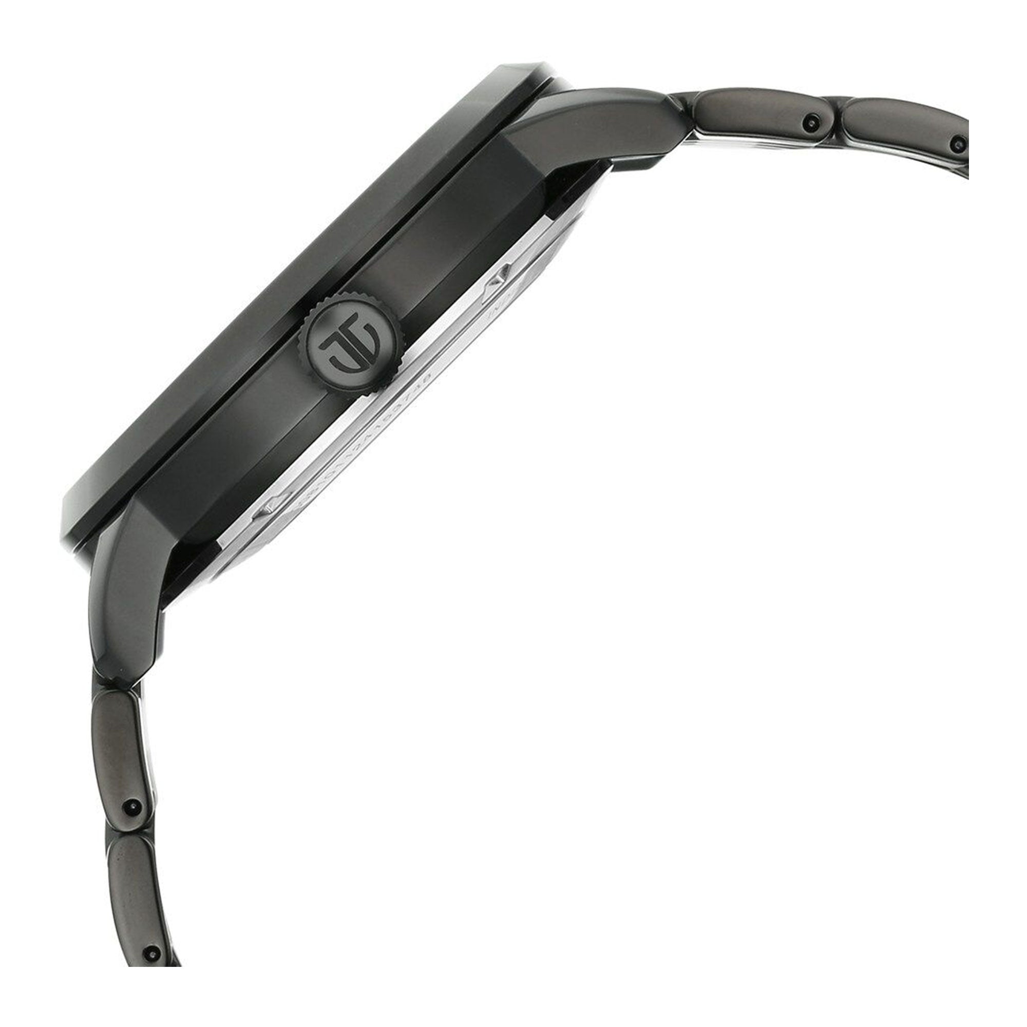 Side view of Titan Phoenix automatic analog men’s watch, showcasing matte black case & crown design.