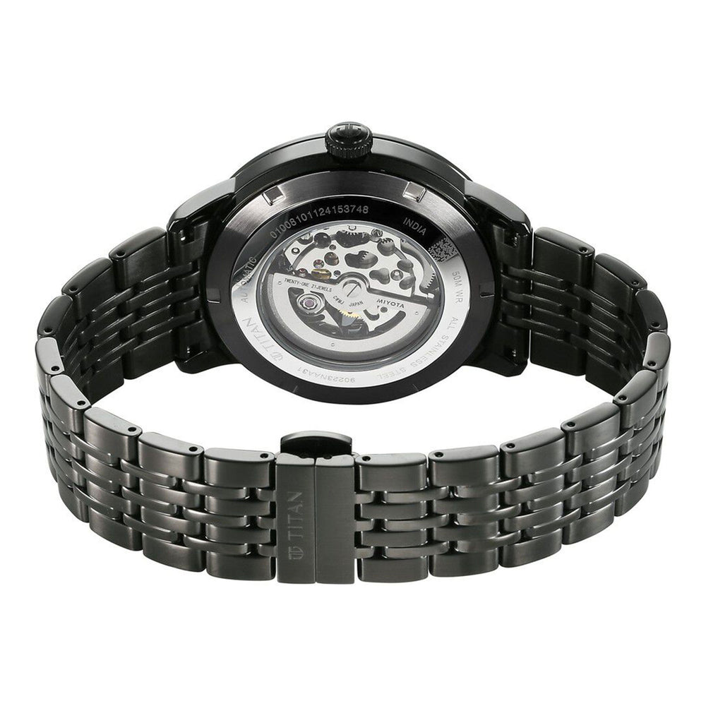 Titan Phoenix Skeletal Automatic Analog with Gun Dial Black Stainless Steel Strap Watch for Men