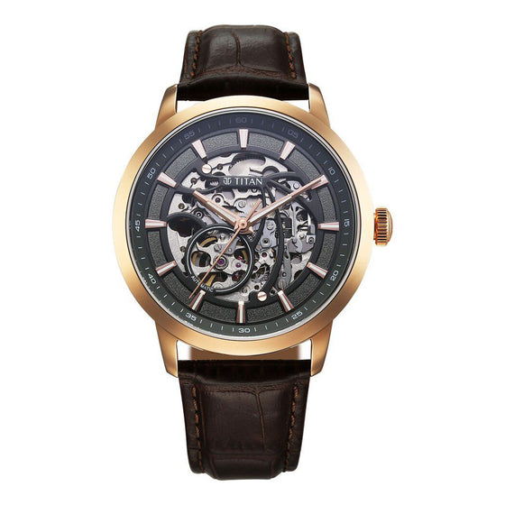 Titan Phoenix Skeletal Automatic Analog with Gun Dial Brown Leather Strap Watch for Men