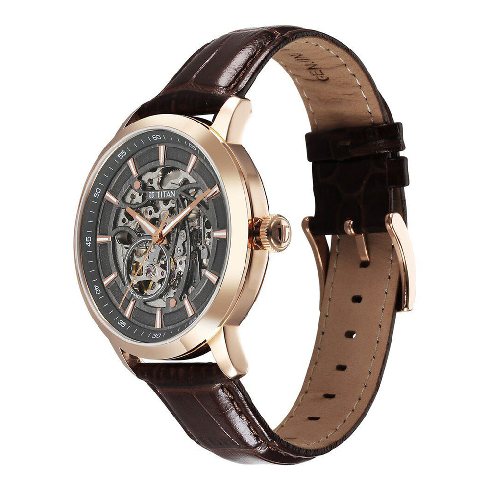Titan Phoenix Skeletal Automatic Analog with Gun Dial Brown Leather Strap Watch for Men