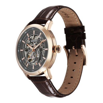Titan Phoenix Skeletal Automatic Analog with Gun Dial Brown Leather Strap Watch for Men