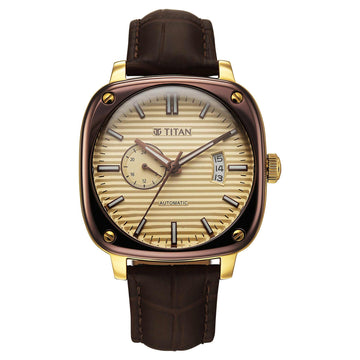 Titan Beige Dial Brown Leather Watch Strap Concealed Automatic Watch for Men