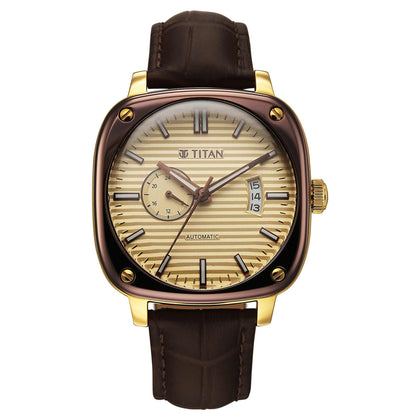 Titan Beige Dial Brown Leather Watch Strap Concealed Automatic Watch for Men