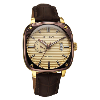Titan Beige Dial Brown Leather Watch Strap Concealed Automatic Watch for Men