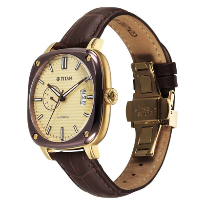Titan Beige Dial Brown Leather Watch Strap Concealed Automatic Watch for Men