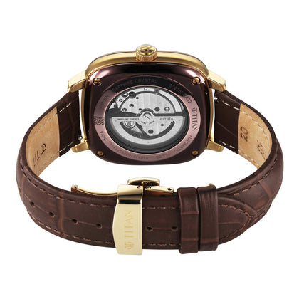 Titan Beige Dial Brown Leather Watch Strap Concealed Automatic Watch for Men