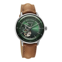 Titan Green Dial Brown Stainless Steel Strap Open Heart Automatic Watch for Men