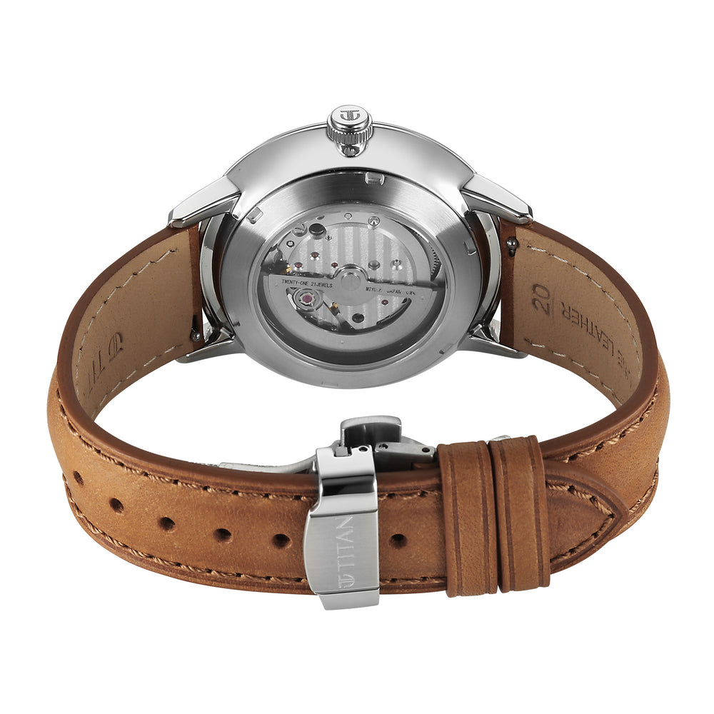 Titan Green Dial Brown Stainless Steel Strap Open Heart Automatic Watch for Men