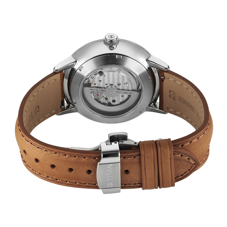 Titan Green Dial Brown Stainless Steel Strap Open Heart Automatic Watch for Men