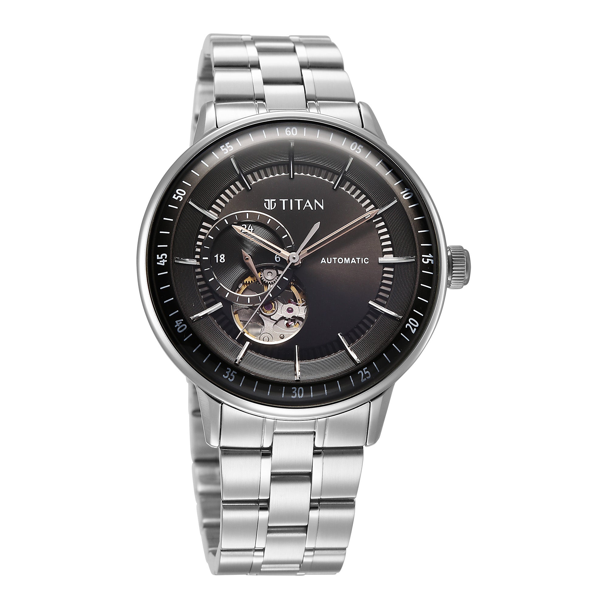 Titan Black Dial Silver Stainless Steel Strap Open Heart Automatic Watch for Men
