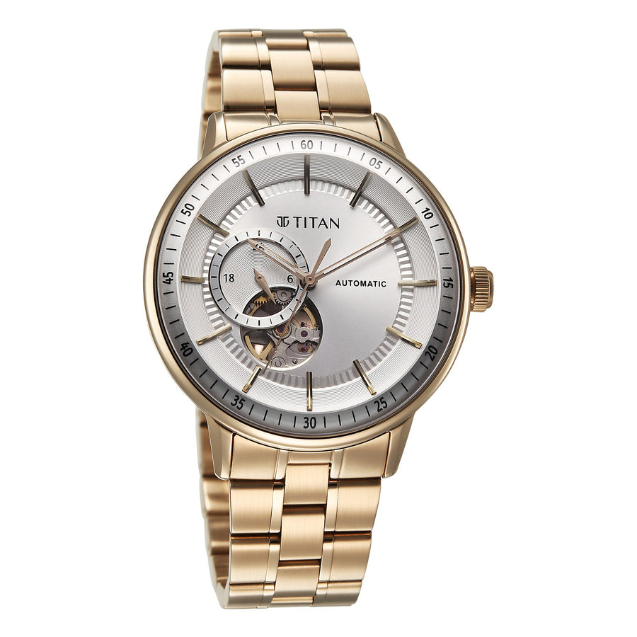 Titan White Dial Rose Gold Stainless Steel Strap Open Heart Automatic Watch for Men
