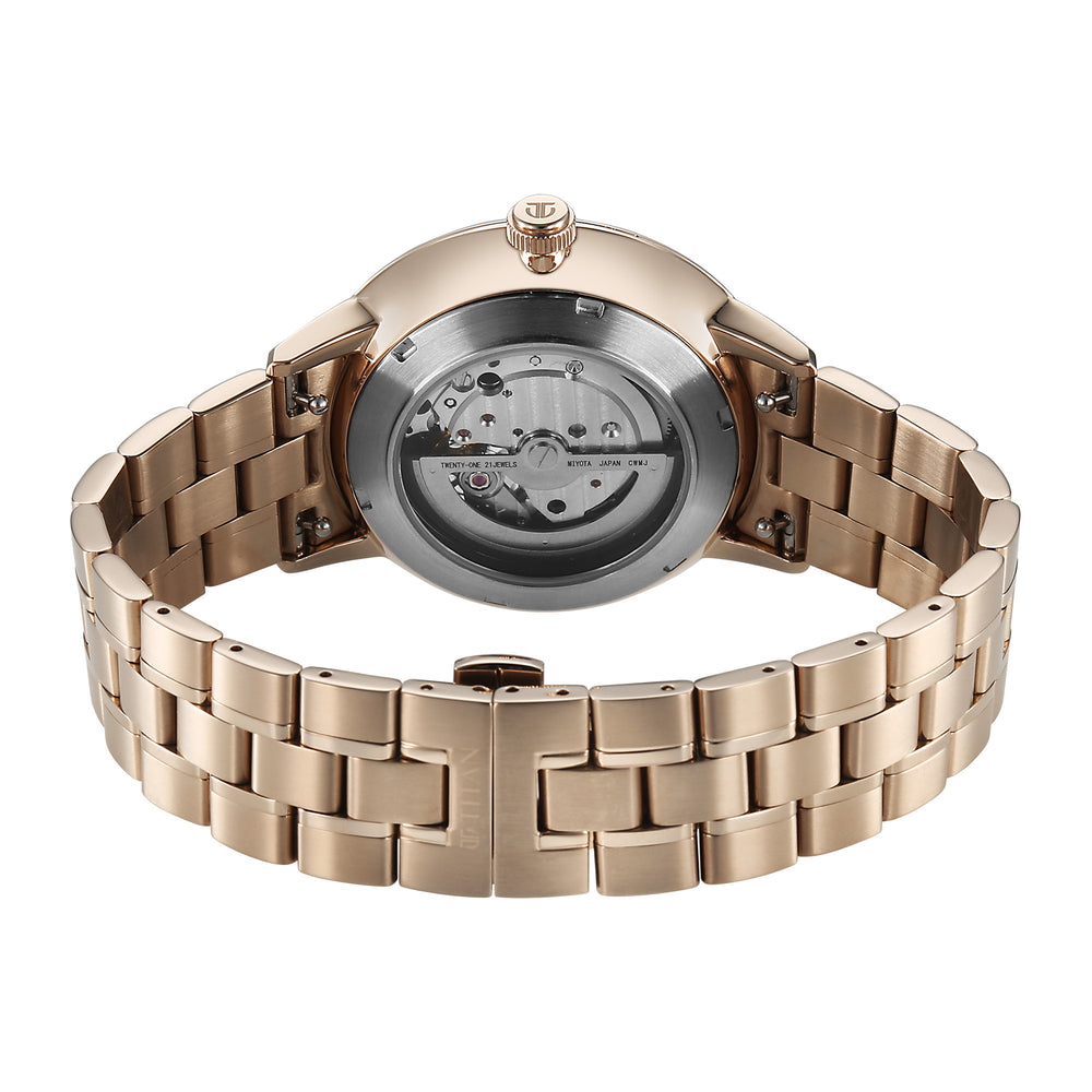 Titan White Dial Rose Gold Stainless Steel Strap Open Heart Automatic Watch for Men