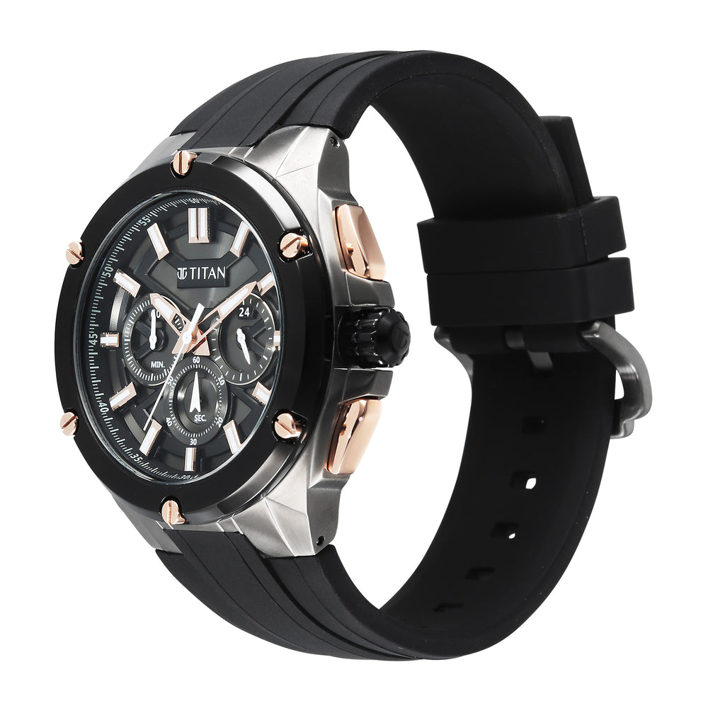 Titan Sport Grey Round Dial Black Silicone Strap Multifunction Watch For Men