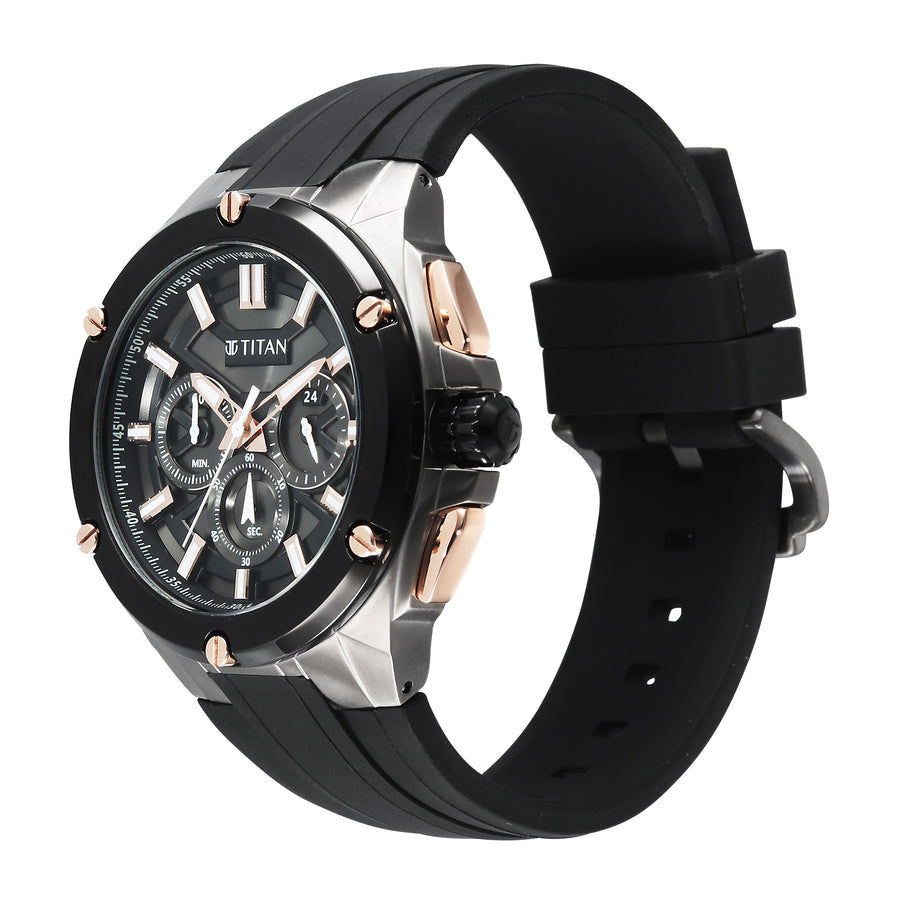 Titan Sport Grey Round Dial Black Silicone Strap Multifunction Watch For Men