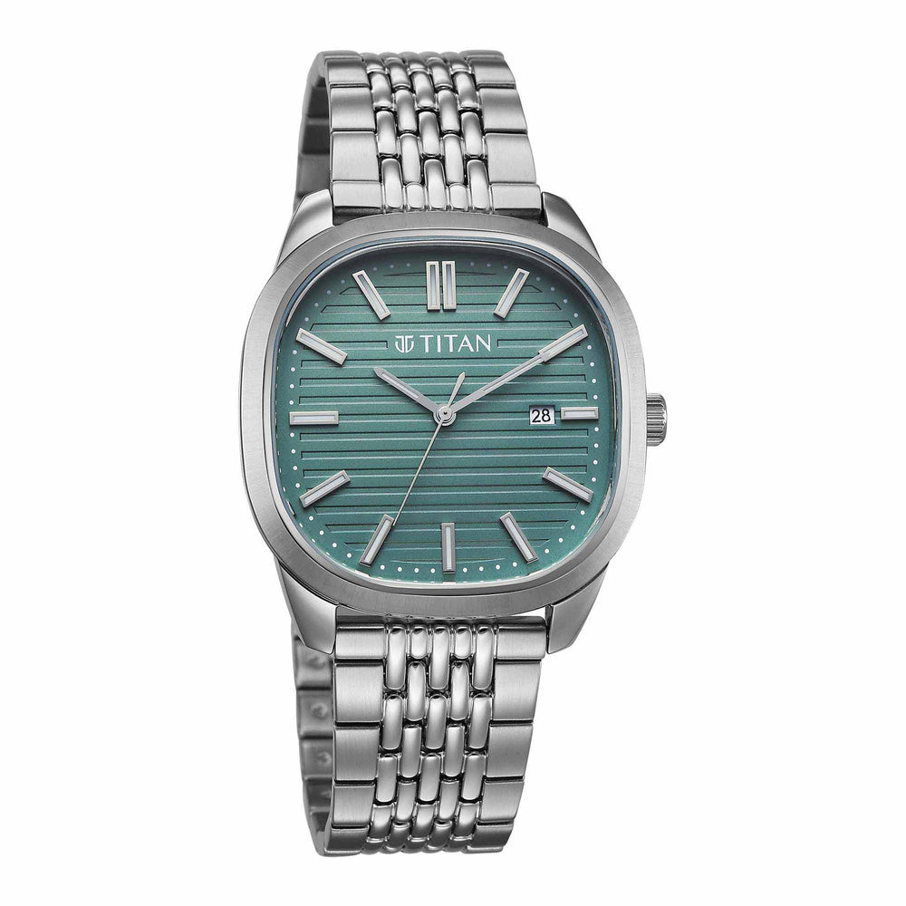 Titan Green Square Dial Silver Stainless Steel Strap Analog with Date Watch for Men