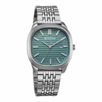 Titan Green Square Dial Silver Stainless Steel Strap Analog with Date Watch for Men