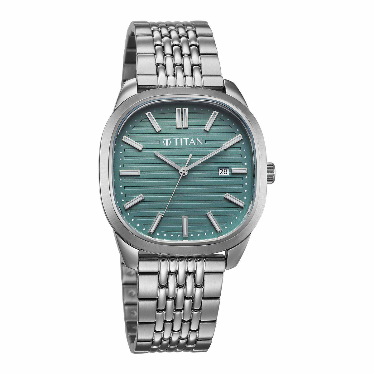 Titan Green Square Dial Silver Stainless Steel Strap Analog with Date Watch for Men