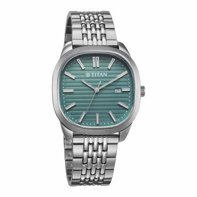 Titan Green Square Dial Silver Stainless Steel Strap Analog with Date Watch for Men