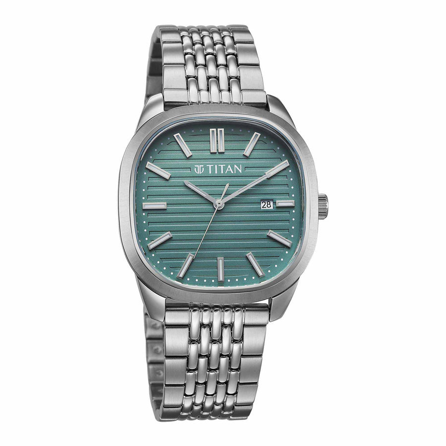 Titan Green Square Dial Silver Stainless Steel Strap Analog with Date Watch for Men