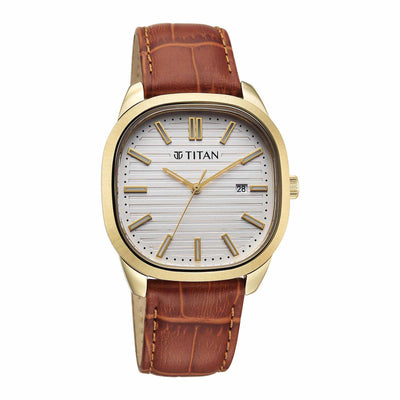 Titan White Square Dial Brown Leather Strap Analog with Date Watch for Men