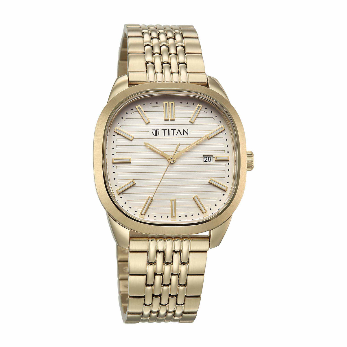 Titan Beige Square Dial Gold Stainless Steel Strap Analog with Date Watch for Men