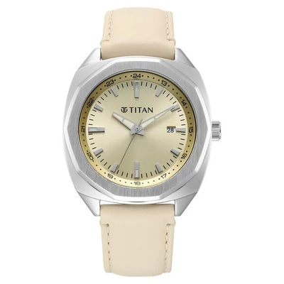 Titan Classique Beige Shaped Dial Leather Strap Analog with Date Watch for Men