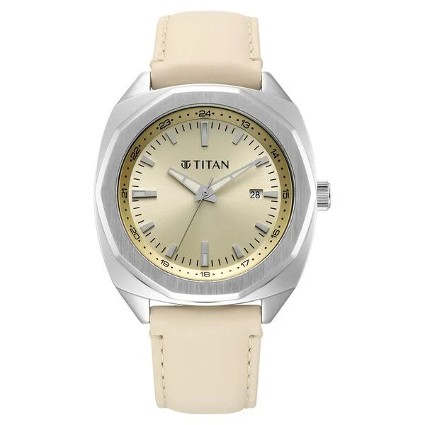 Titan Classique Beige Shaped Dial Leather Strap Analog with Date Watch for Men