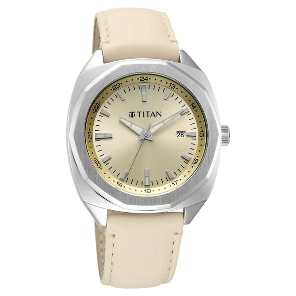 Titan Classique Beige Shaped Dial Leather Strap Analog with Date Watch for Men