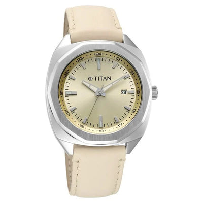 Titan Classique Beige Shaped Dial Leather Strap Analog with Date Watch for Men