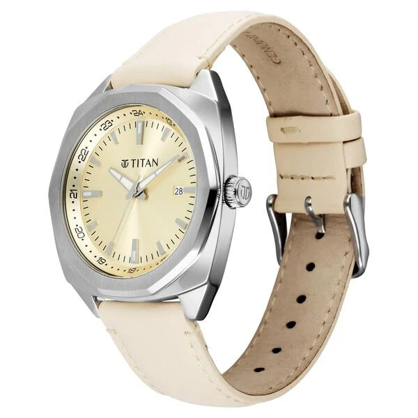 Titan Classique Beige Shaped Dial Leather Strap Analog with Date Watch for Men