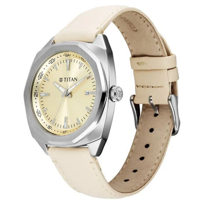 Titan Classique Beige Shaped Dial Leather Strap Analog with Date Watch for Men